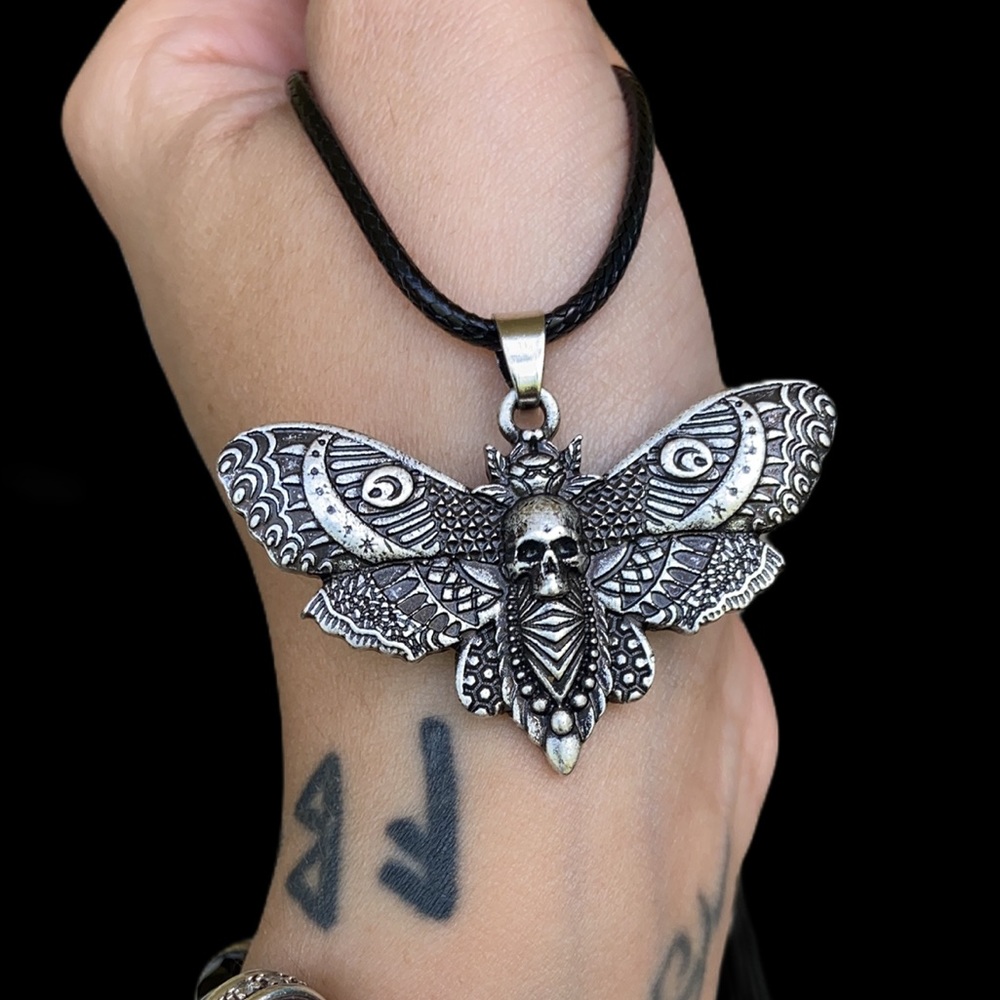 Moth with moon and skull design pewter necklace on leather cord boho goth - Picture 4 of 15